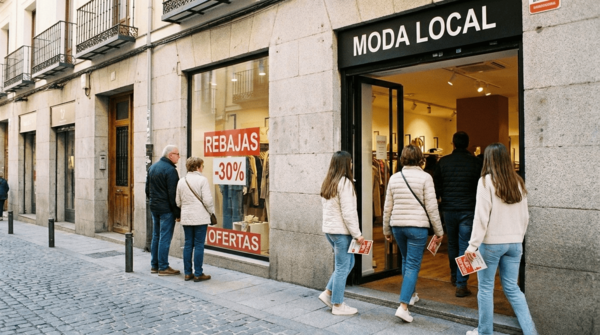 Clientes entrando en tienda durante las rebajas 2026 con folleto en la mano