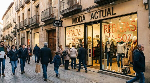 Comercio local en España con carteles de rebajas 2026 en el escaparate