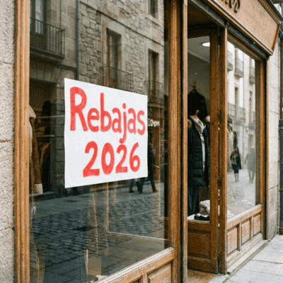 Escaparate urbano con cartel de Rebajas 2026 en comercio local