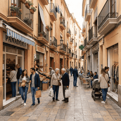 Calle comercial en España con pequeños negocios y gente paseando y comprando