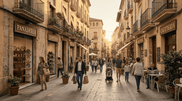 Calle comercial en España con tiendas y gente paseando