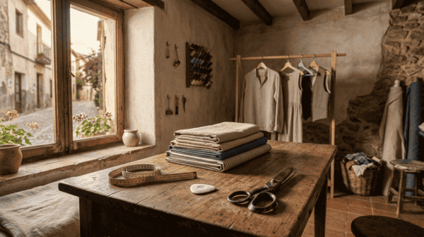 Taller textil humilde con telas y herramientas, símbolo de empezar desde abajo