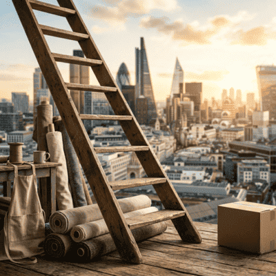 Escalera que sube desde un taller textil humilde hacia un skyline moderno, simbolizando el éxito empresarial de Amancio Ortega
