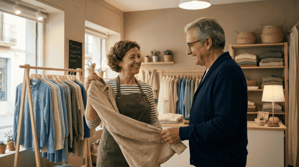Dependiente atendiendo a un cliente en una tienda de ropa local