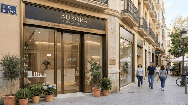 Fachada de centro de estética moderno y profesional en una calle urbana
