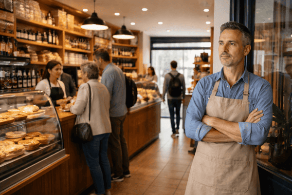 Pequeño negocio local en España con clientes y dueño observando el ambiente
