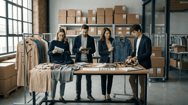 Equipo revisando prendas y organizando cajas en un espacio de trabajo