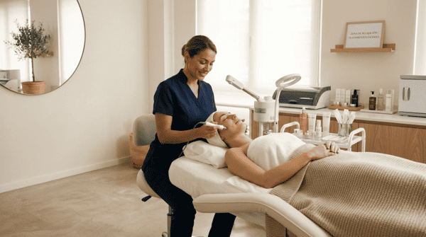 Profesional realizando tratamiento facial a una clienta en un centro de estética