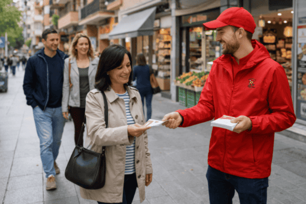Repartidor de publicidad local entregando flyers en una calle comercial de España