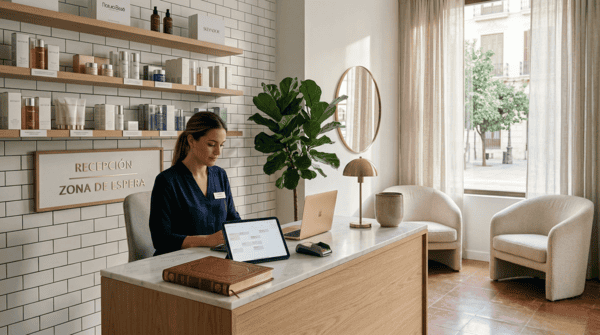 Recepción moderna y organizada de un salón de estética profesional