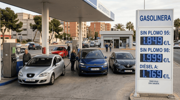 Gasolinera en España con varios coches repostando y panel de precios visible
