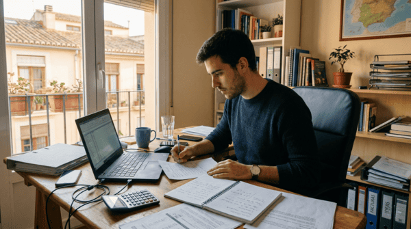 Emprendedor planificando la creación de una empresa en España con documentos, portátil y calculadora