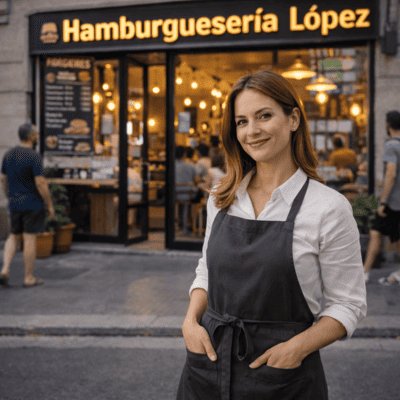 Propietaria de una hamburguesería posando delante de su negocio local en una calle comercial