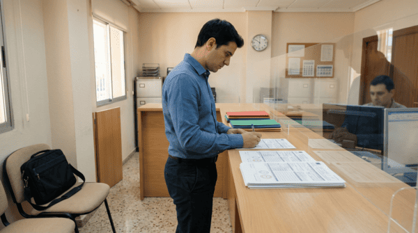 Persona haciendo trámites para crear una empresa en España en una oficina administrativa