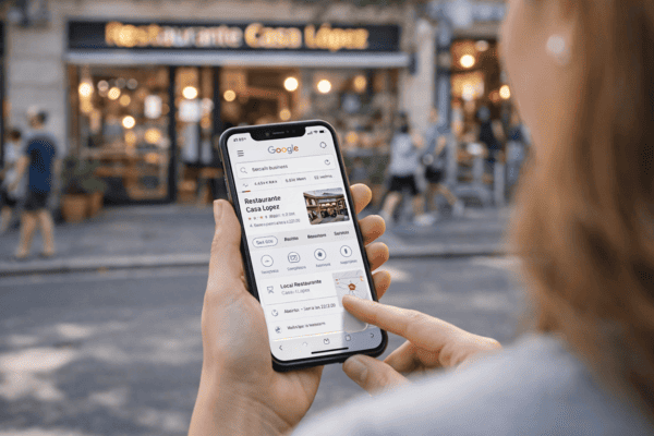 Persona buscando en Google un negocio local desde el móvil delante de un comercio