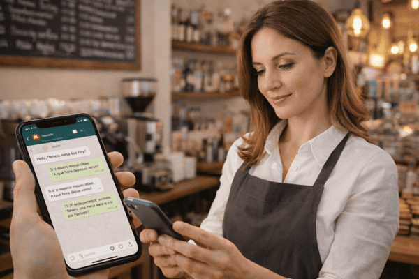 Dueña de un negocio local respondiendo mensajes de WhatsApp de un cliente desde su establecimiento