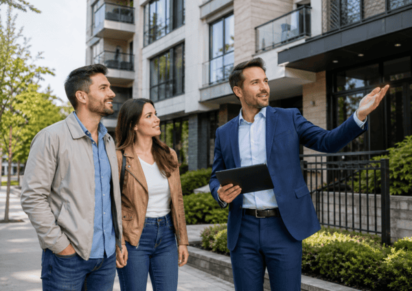 Agente inmobiliario mostrando una vivienda a una pareja interesada