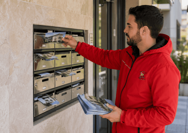 Repartidor de Sojadan entregando publicidad inmobiliaria en buzones