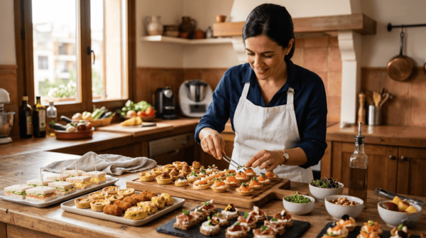 Mujer preparando bandejas de catering casero en una cocina moderna en España