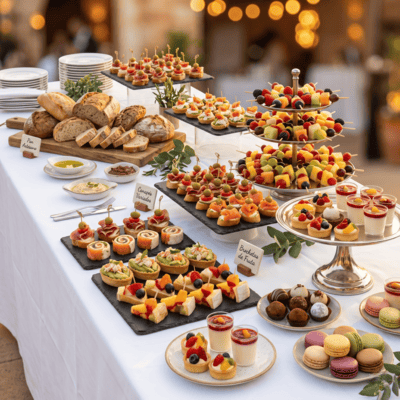 Mesa con aperitivos y bandejas de catering casero para eventos y celebraciones