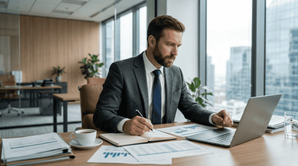 Empresario revisando documentos y resultados con actitud firme y perseverante en una oficina moderna