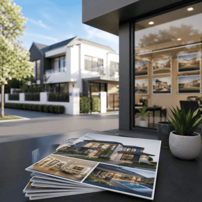 Folletos de marketing para agencias inmobiliarias junto a una oficina moderna