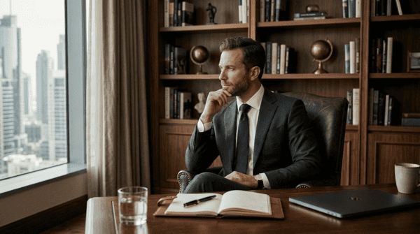 Empresario moderno reflexionando en un despacho elegante sobre mentalidad, visión y crecimiento del negocio