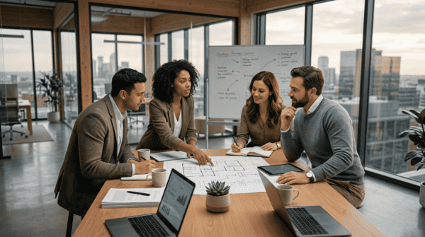 Pequeño equipo o empresario moderno trabajando con enfoque y planificación para hacer crecer un negocio