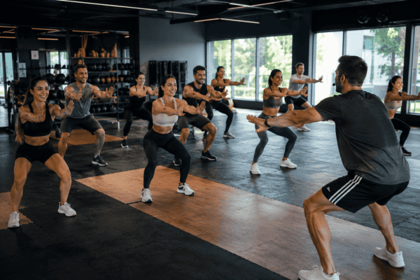 Instructor guiando una clase colectiva de fitness en un gimnasio moderno