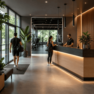 Recepción y entrada de un gimnasio moderno con diseño profesional