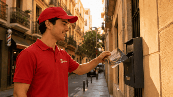 Persona repartiendo folletos publicitarios de peluquería en buzones de barrio residencial español