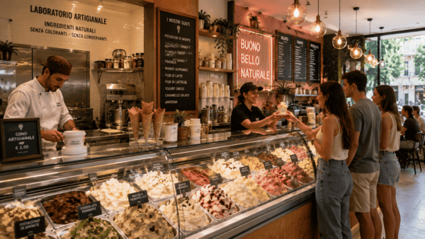 Clientes comprando helados en una heladería artesanal moderna