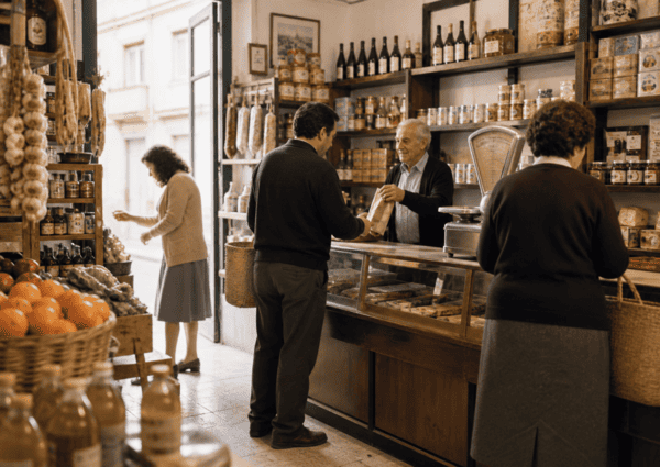 Tienda de alimentación tradicional que representa los orígenes familiares en la historia de Mercadona
