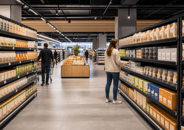 Supermercado moderno con productos de marca propia dentro de la historia de Mercadona