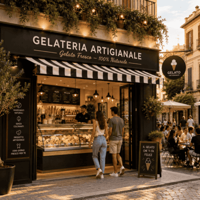 Fachada de una heladería rentable y moderna en España