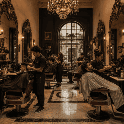 Interior de peluquería de lujo al estilo de los grandes salones clásicos españoles