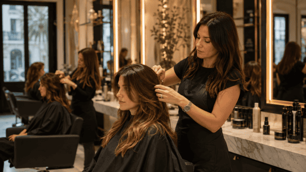 Estilista atendiendo a clienta en peluquería moderna y elegante en España