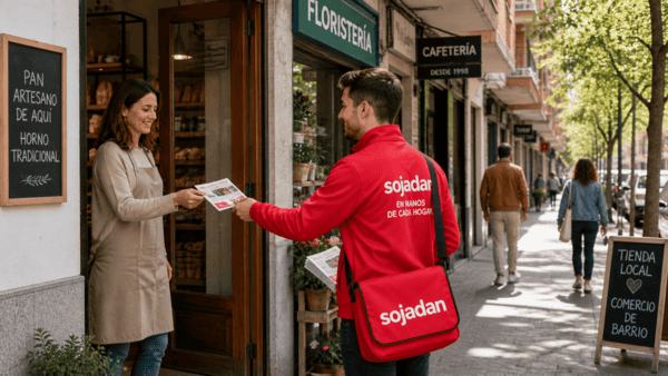 Repartidor de Sojadan entregando publicidad local a un comercio de barrio