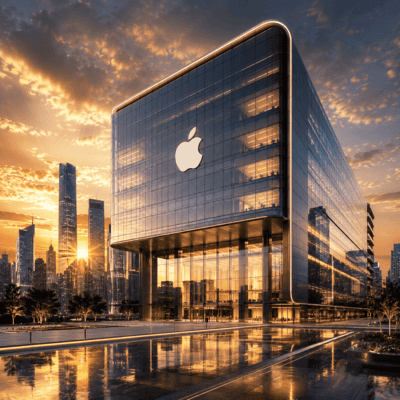 Sede corporativa moderna inspirada en Apple representando uno de los mayores casos de éxito empresarial del mundo