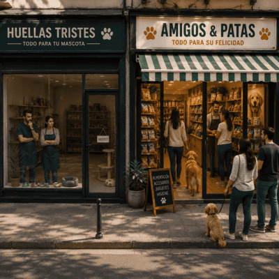 Dos tiendas de mascotas en la misma calle: una con clientes y otra vacía.
