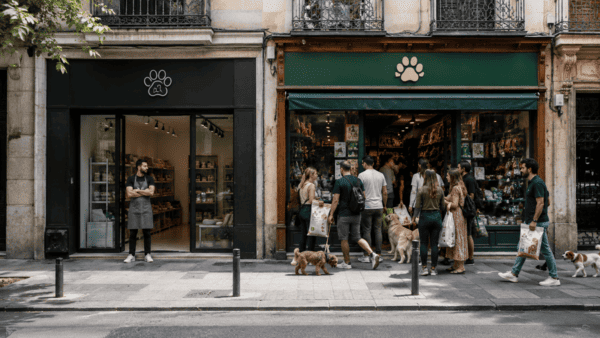 Dos tiendas de mascotas en la misma calle, una llena de clientes y otra prácticamente vacía