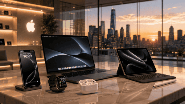 Interior de una tienda Apple mostrando dispositivos conectados dentro de su ecosistema tecnológico