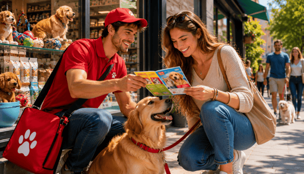 Propietario de una tienda de mascotas planificando acciones para atraer clientes y mejorar la visibilidad de su negocio.
