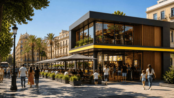 Restaurante moderno de una gran franquicia internacional en una ciudad española con numerosos clientes y ambiente comercial activo