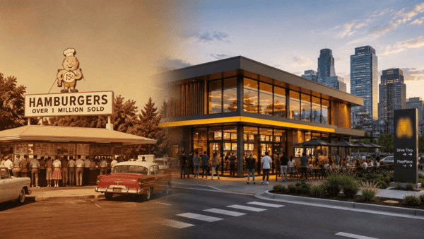 Evolución histórica de una franquicia de hamburgueserías desde un pequeño restaurante local hasta una gran cadena internacional