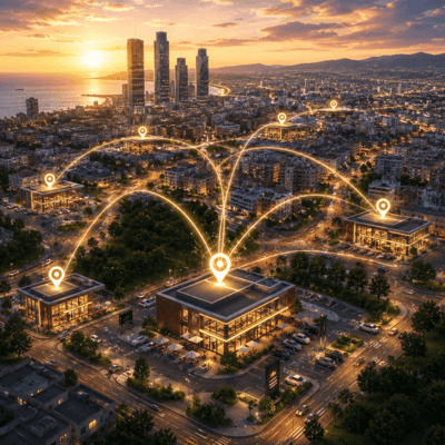 Vista aérea de una red de restaurantes de franquicia conectados en una gran ciudad moderna simbolizando expansión y crecimiento empresarial