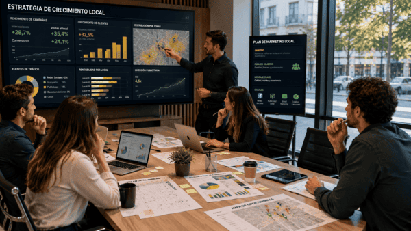 Equipo de marketing analizando campañas publicitarias, estadísticas de clientes y estrategias de crecimiento empresarial