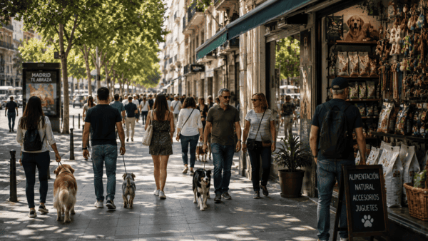 Personas paseando con sus perros frente a una tienda de mascotas en una zona comercial.