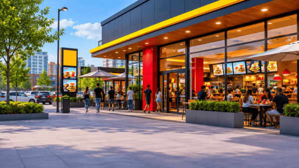 Restaurante moderno de franquicia internacional con numerosos clientes disfrutando de la terraza y del servicio en una zona comercial urbana